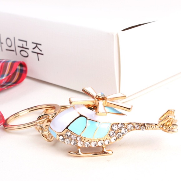 Whimsical Blue and White Crystal Helicopter Keychain Charm - Picture 2 of 16